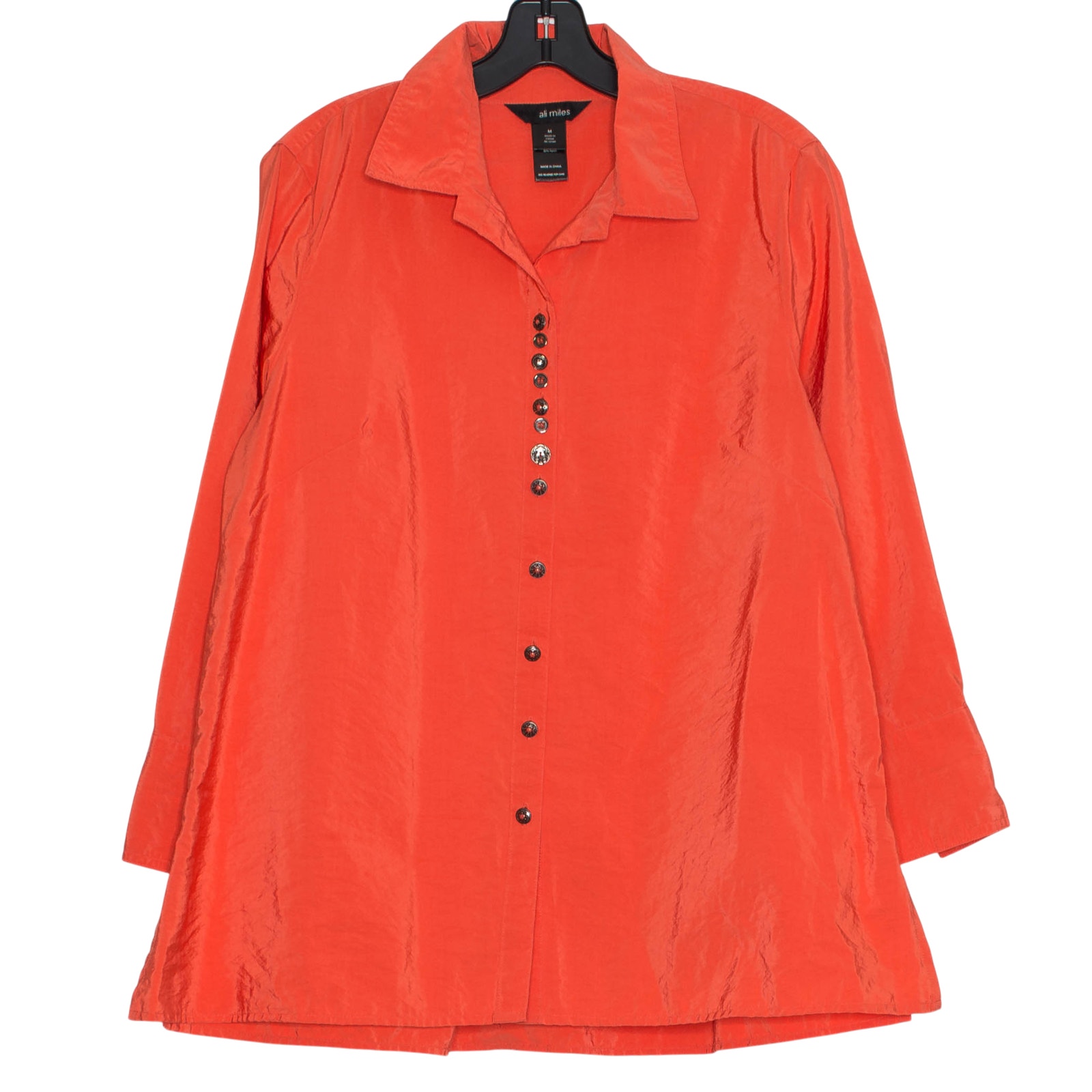 Ali Miles Top 3/4 Sleeve Boho Artsy Crinkle Lagenlook Button Up Orange Sz Medium